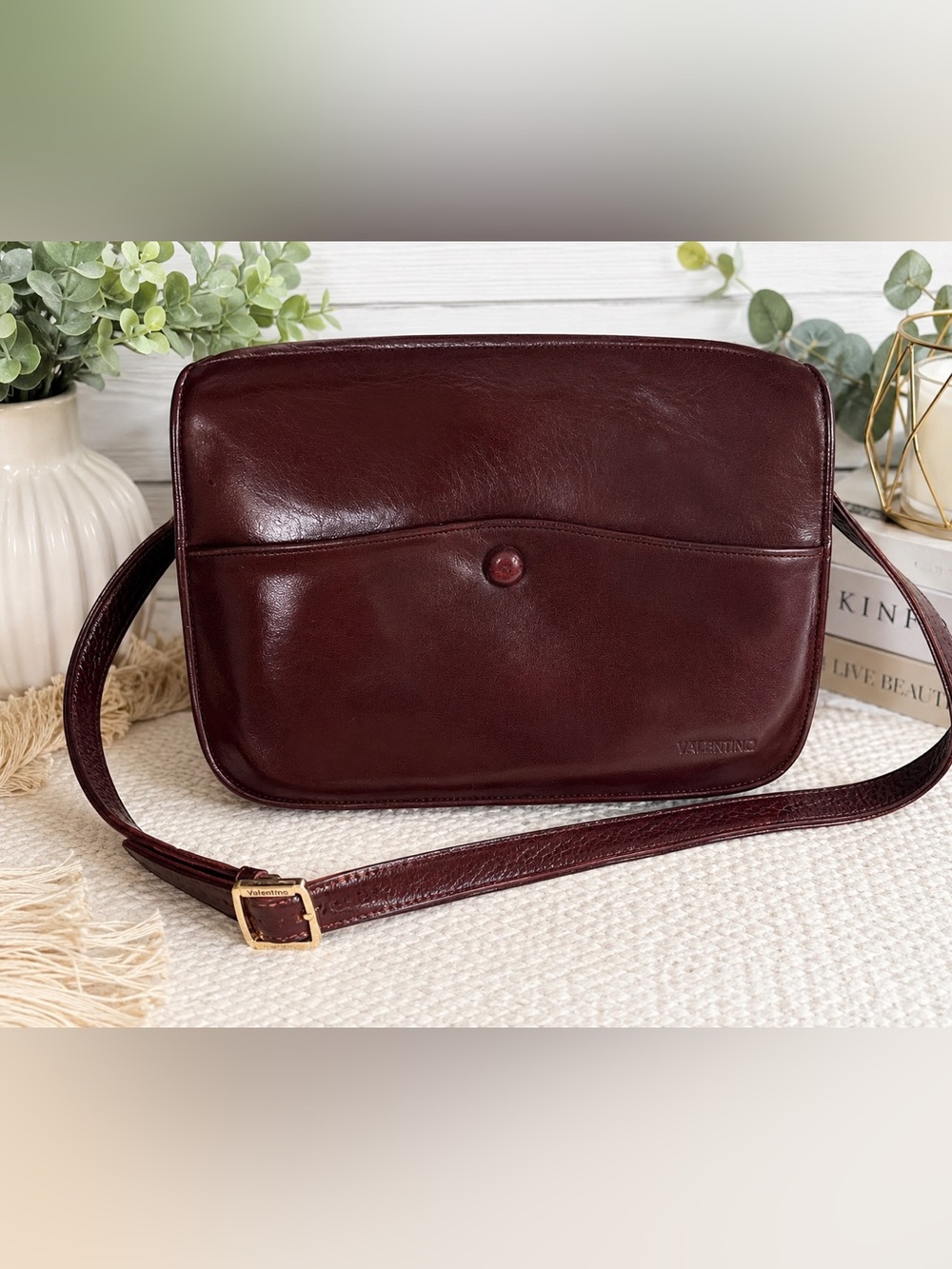 Valentino Deep Burgundy Leather Shoulder Bag with Gold-Tone Buckle